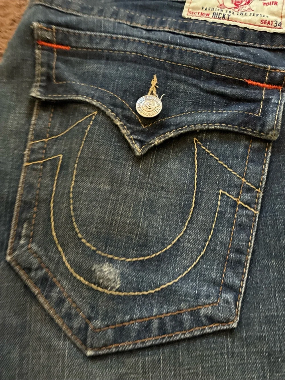 True religion Men's Dark Blue Distressed Straight-Leg Jeans 36 vtg